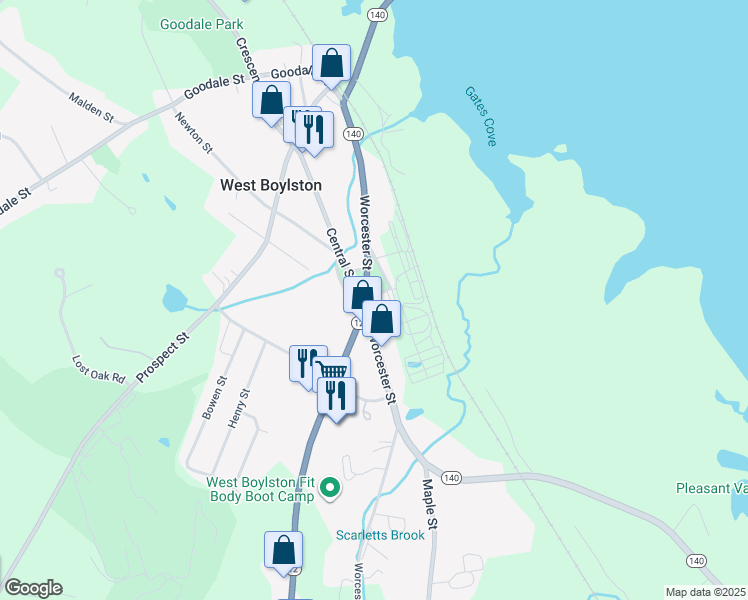 map of restaurants, bars, coffee shops, grocery stores, and more near 36 Church Street in West Boylston