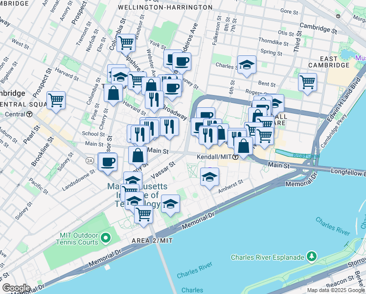 map of restaurants, bars, coffee shops, grocery stores, and more near 525 Main Street in Cambridge