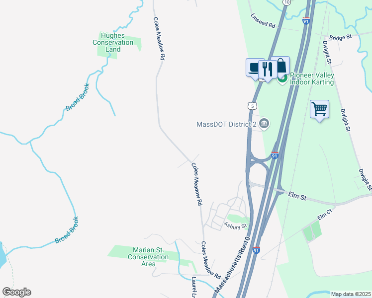 map of restaurants, bars, coffee shops, grocery stores, and more near 255 Coles Meadow Road in Northampton
