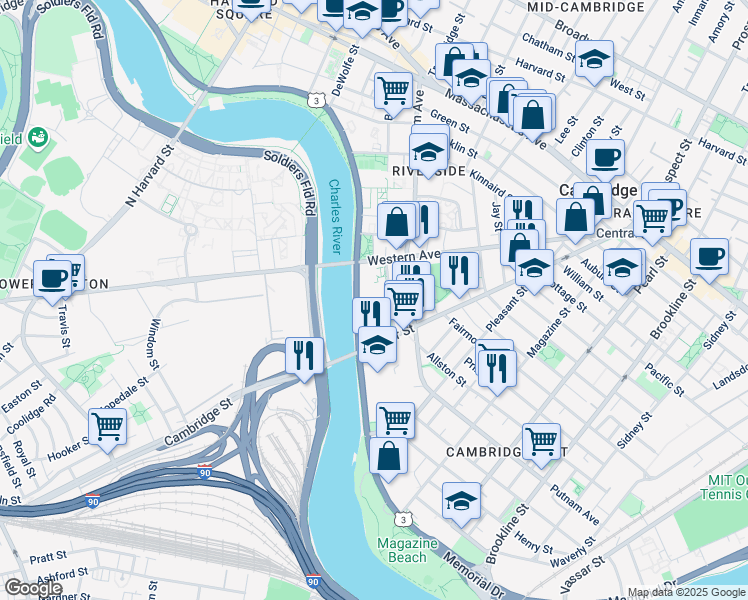 map of restaurants, bars, coffee shops, grocery stores, and more near 840 Memorial Drive in Cambridge