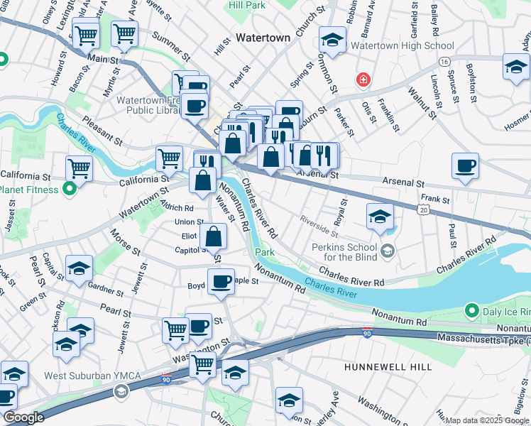 map of restaurants, bars, coffee shops, grocery stores, and more near 55 Wheeler Lane in Watertown