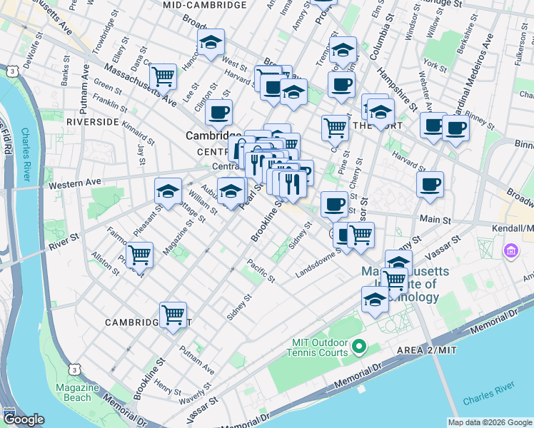 map of restaurants, bars, coffee shops, grocery stores, and more near 172 Franklin Street in Cambridge