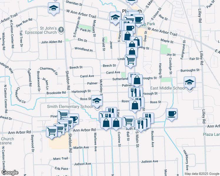 map of restaurants, bars, coffee shops, grocery stores, and more near 1095 Palmer in Plymouth