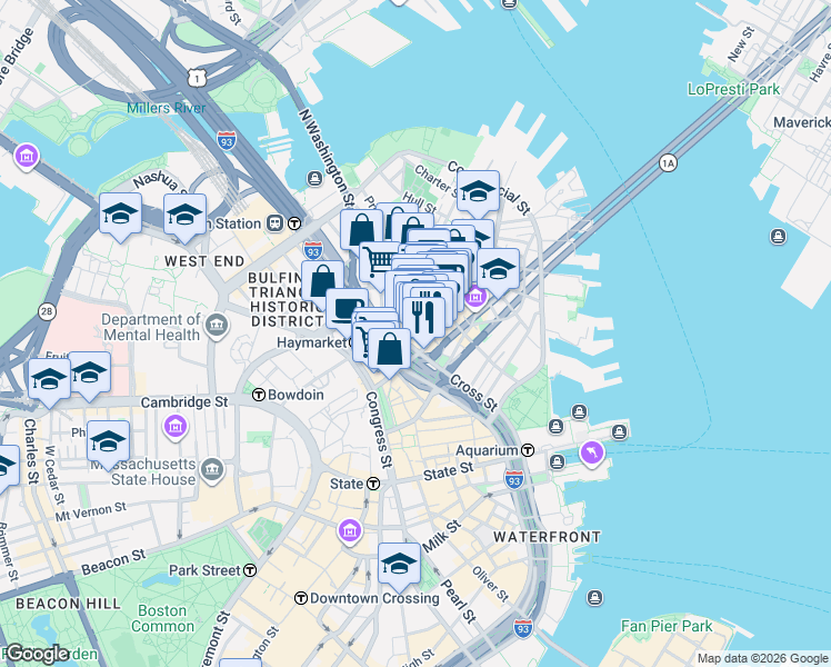 map of restaurants, bars, coffee shops, grocery stores, and more near 36 Cross Street in Boston
