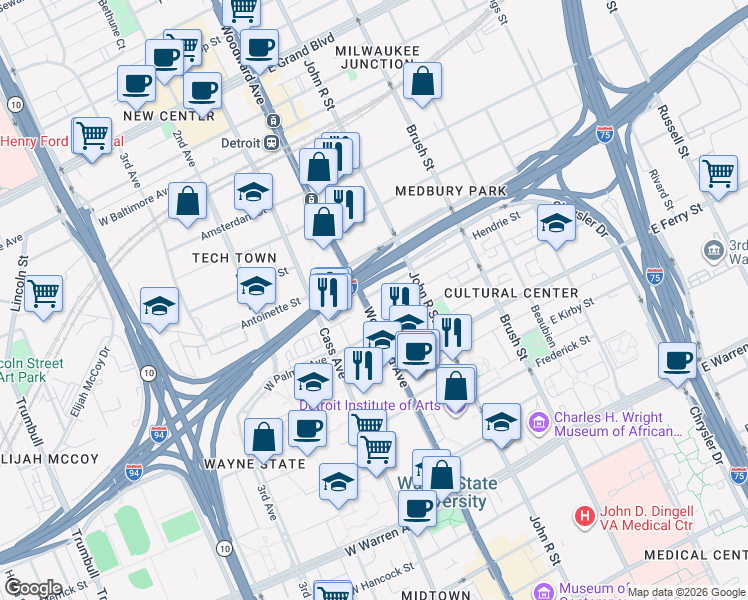 map of restaurants, bars, coffee shops, grocery stores, and more near 5764 Woodward Avenue in Detroit