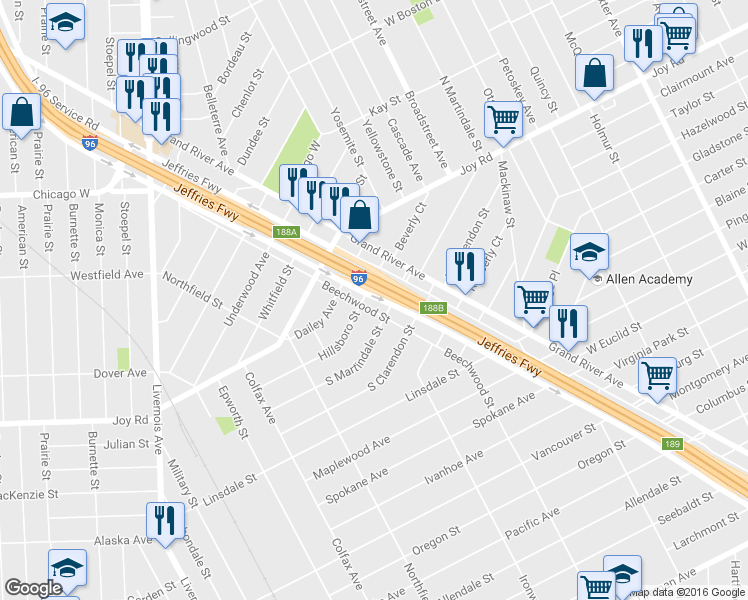 map of restaurants, bars, coffee shops, grocery stores, and more near 4899 Hillsboro Street in Detroit