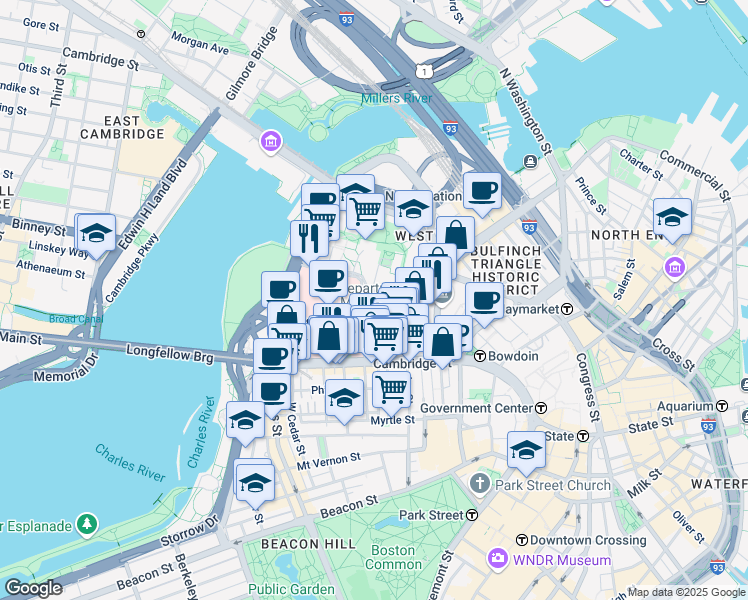 map of restaurants, bars, coffee shops, grocery stores, and more near 51 Blossom Street in Boston