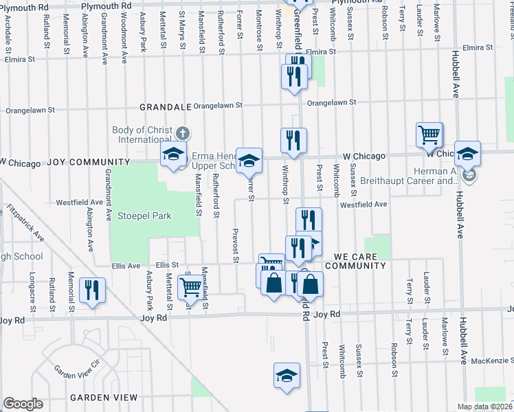 map of restaurants, bars, coffee shops, grocery stores, and more near 9213 Forrer Street in Detroit
