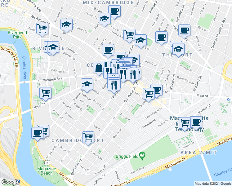 map of restaurants, bars, coffee shops, grocery stores, and more near Pearl St & Auburn St in Mid-Cambridge