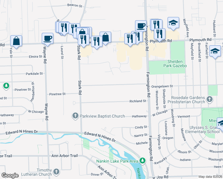map of restaurants, bars, coffee shops, grocery stores, and more near 33963 Orangelawn Street in Livonia
