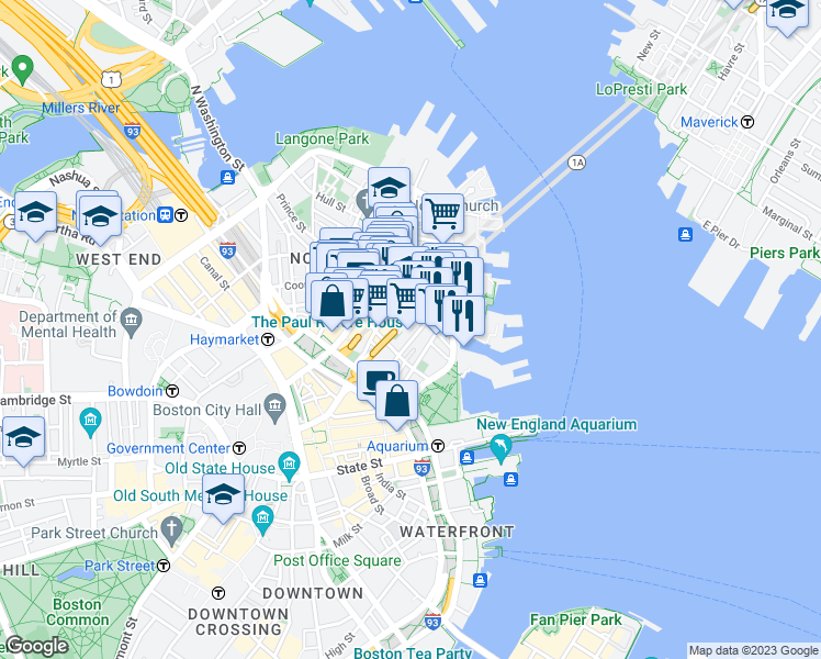 map of restaurants, bars, coffee shops, grocery stores, and more near 120 Fulton Street in Boston