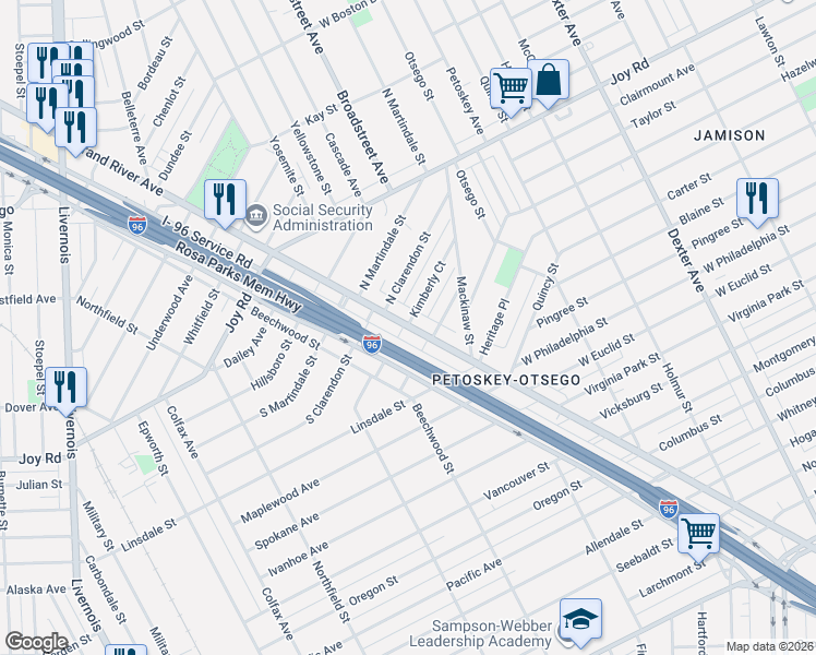 map of restaurants, bars, coffee shops, grocery stores, and more near 8755 Grand River Avenue in Detroit