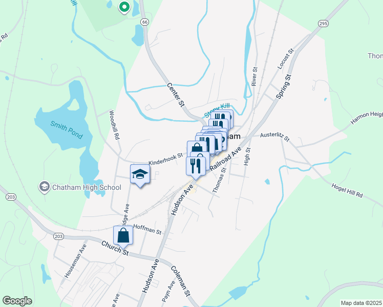 map of restaurants, bars, coffee shops, grocery stores, and more near 28 Kinderhook Street in Chatham