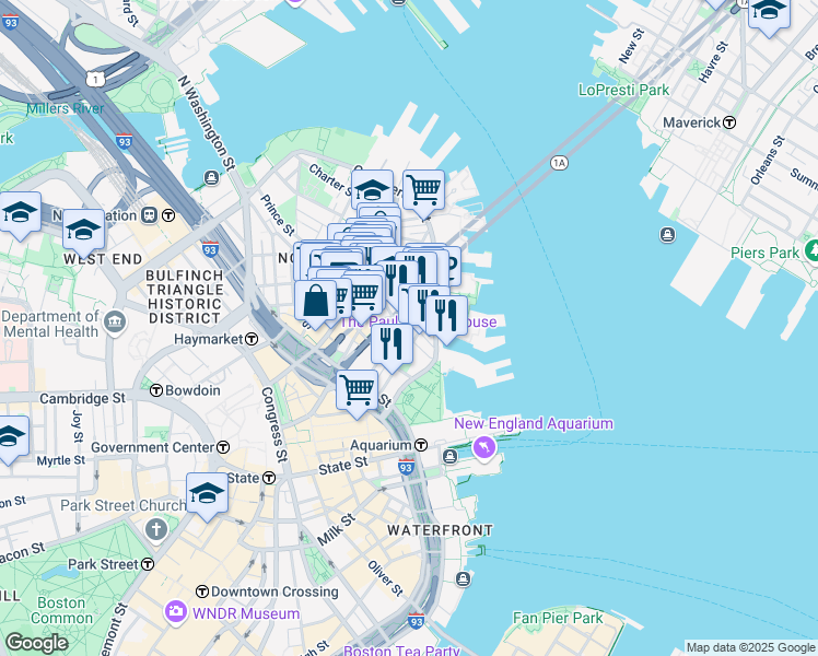 map of restaurants, bars, coffee shops, grocery stores, and more near 185 Fulton Street in Boston