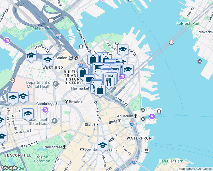 map of restaurants, bars, coffee shops, grocery stores, and more near 36 Salem Street in Boston