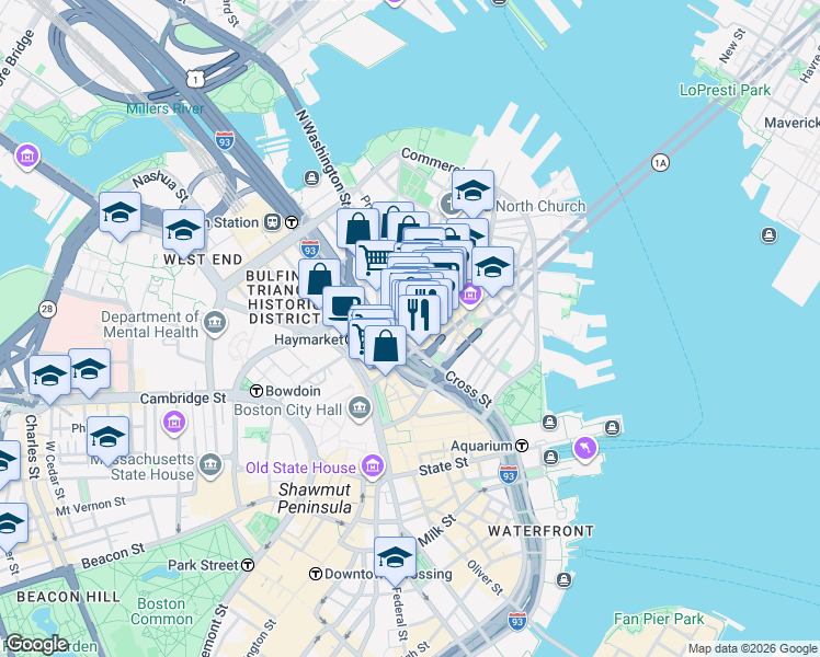 map of restaurants, bars, coffee shops, grocery stores, and more near 36 Salem Street in Boston