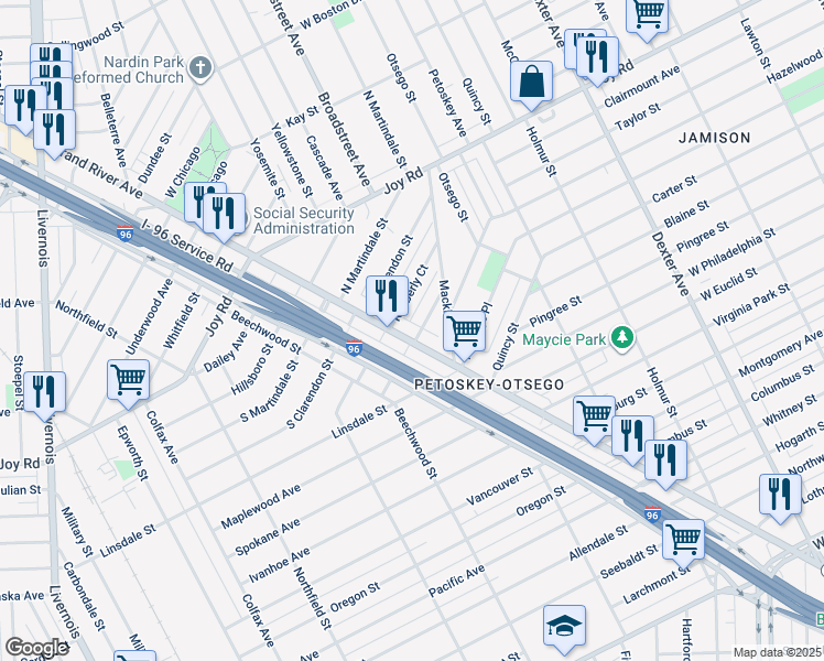 map of restaurants, bars, coffee shops, grocery stores, and more near 8700 Grand River Avenue in Detroit