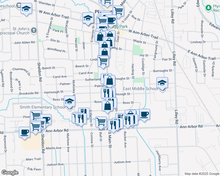 map of restaurants, bars, coffee shops, grocery stores, and more near 1032 Dewey Street in Plymouth