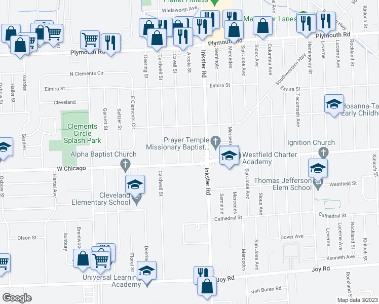 map of restaurants, bars, coffee shops, grocery stores, and more near 9555 Arcola Street in Livonia