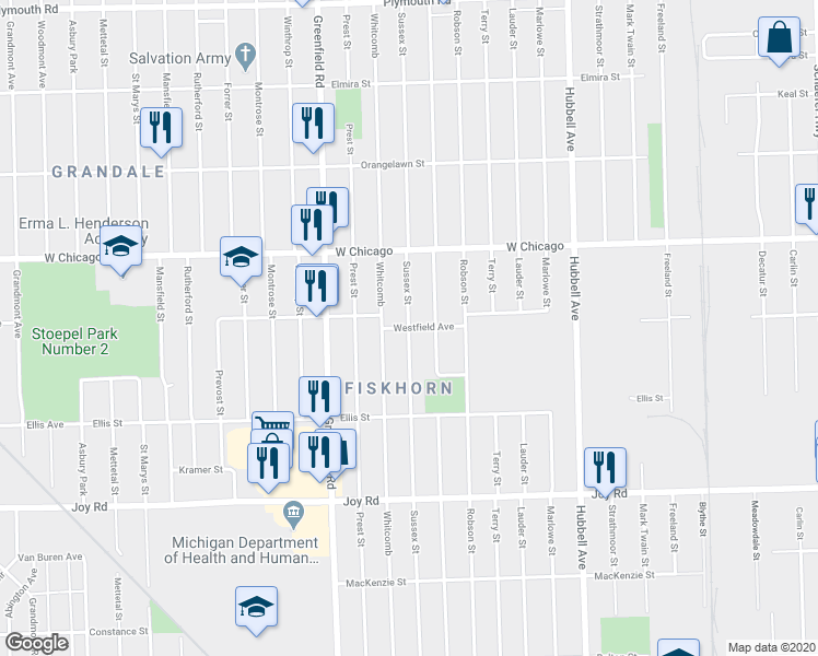 map of restaurants, bars, coffee shops, grocery stores, and more near Sussex Street in Detroit