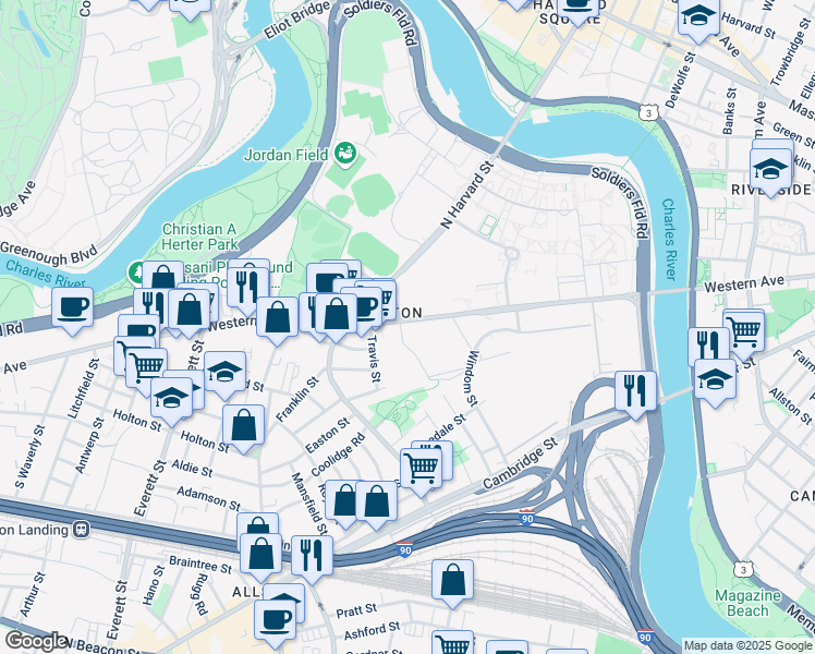 map of restaurants, bars, coffee shops, grocery stores, and more near 150 Western Avenue in Boston