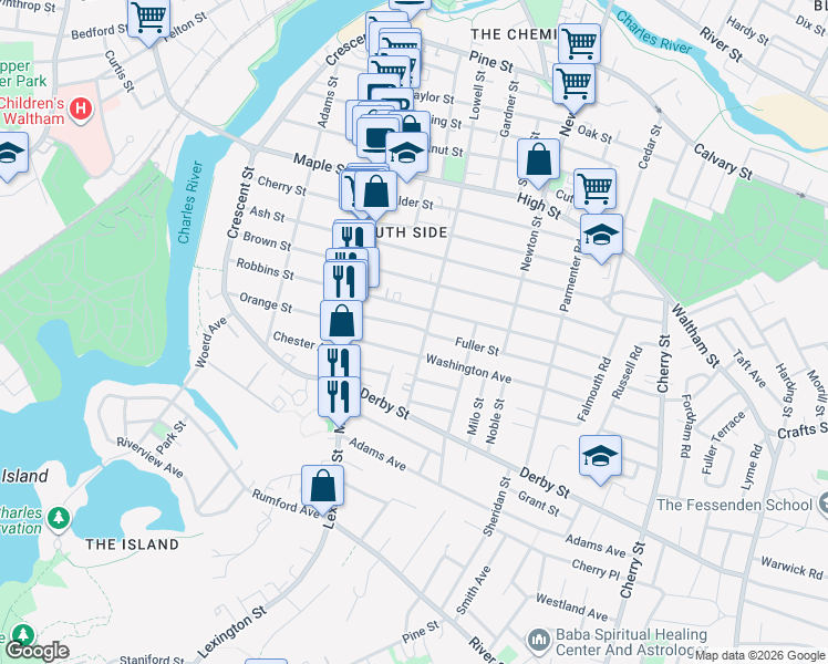 map of restaurants, bars, coffee shops, grocery stores, and more near 55 Wadsworth Avenue in Waltham