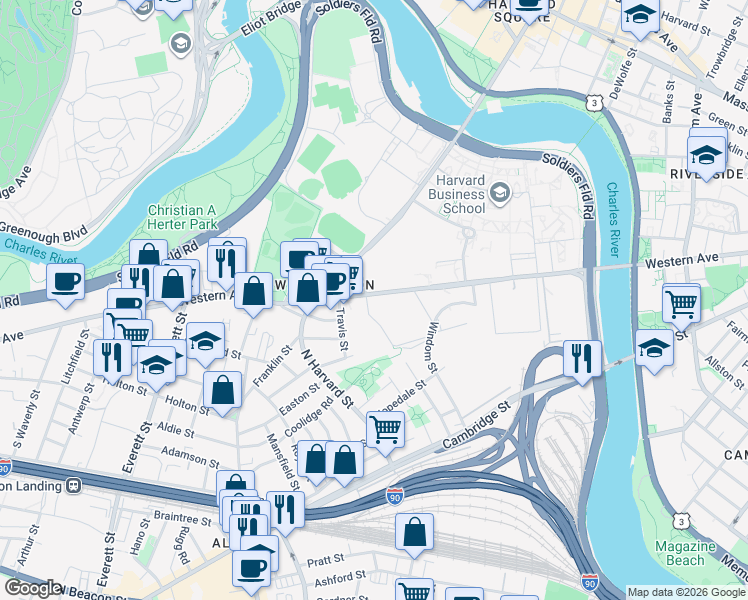 map of restaurants, bars, coffee shops, grocery stores, and more near 150 Western Avenue in Boston