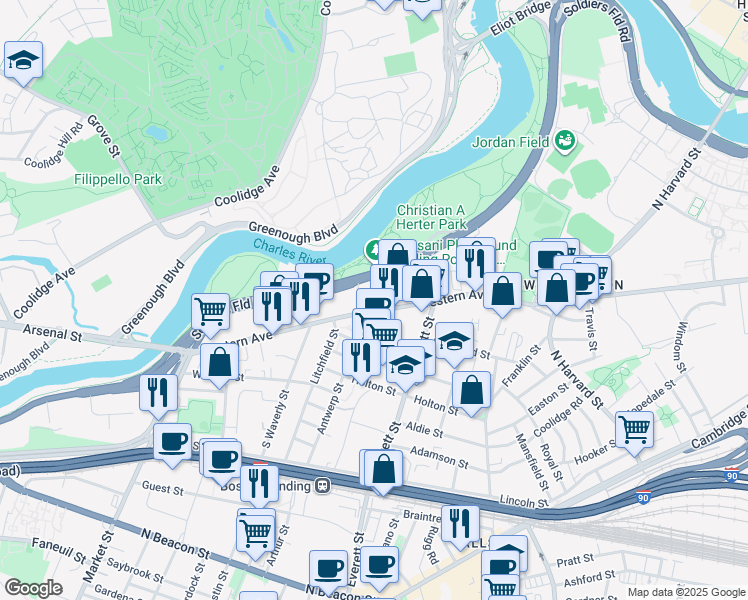 map of restaurants, bars, coffee shops, grocery stores, and more near 355 Western Avenue in Boston