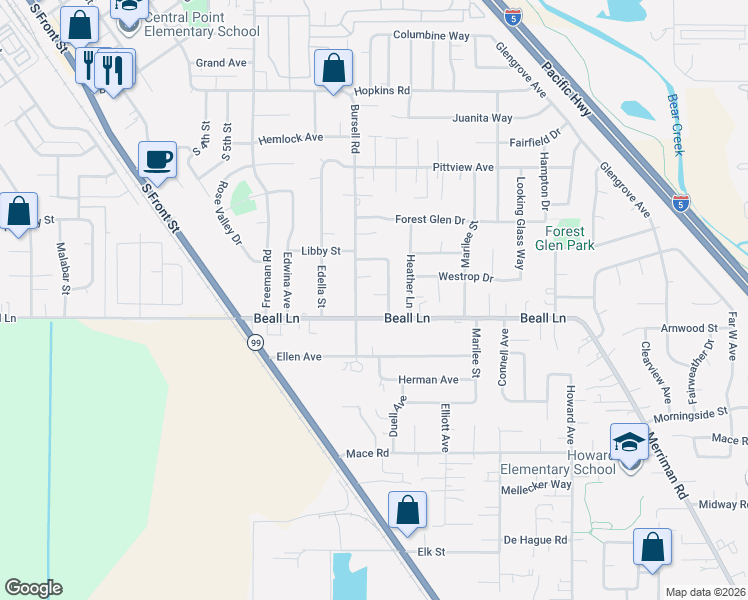 map of restaurants, bars, coffee shops, grocery stores, and more near 3220 Bursell Road in Central Point