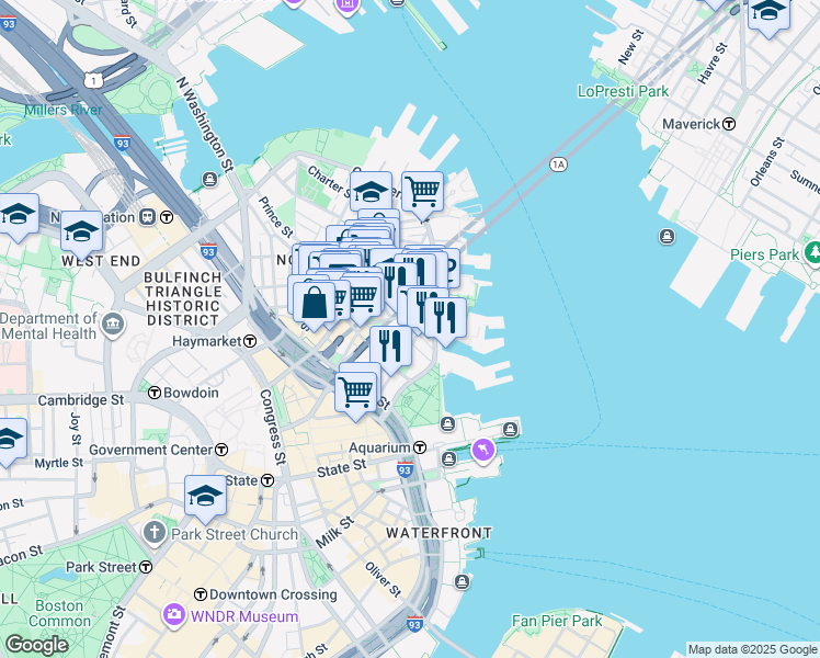 map of restaurants, bars, coffee shops, grocery stores, and more near in Boston