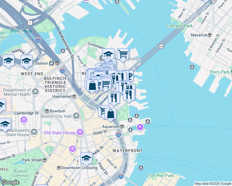 map of restaurants, bars, coffee shops, grocery stores, and more near in Boston