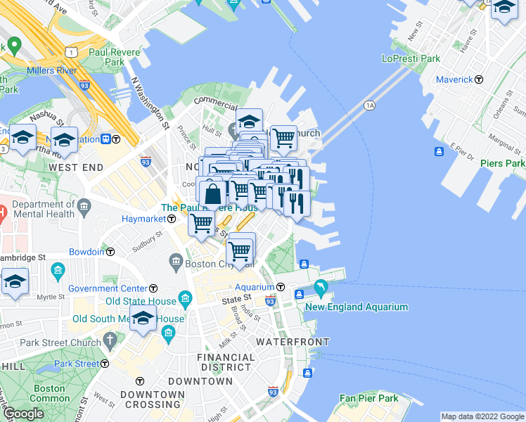 map of restaurants, bars, coffee shops, grocery stores, and more near 1 Commercial Wharf West in Boston