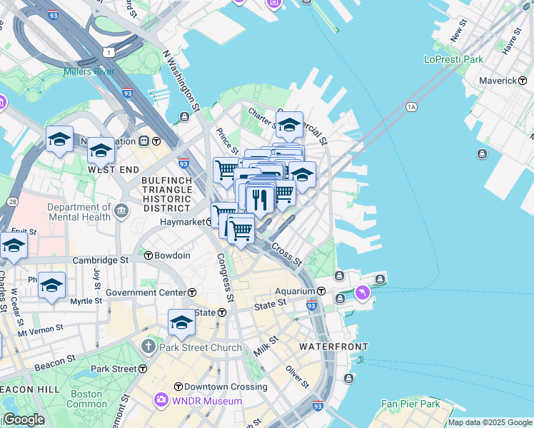 map of restaurants, bars, coffee shops, grocery stores, and more near in Boston