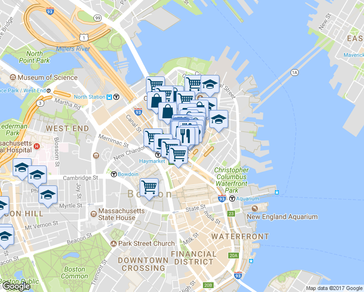 map of restaurants, bars, coffee shops, grocery stores, and more near 36 Salem Street in Boston