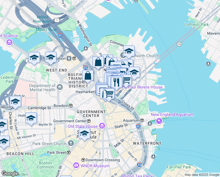 map of restaurants, bars, coffee shops, grocery stores, and more near 36 Salem Street in Boston