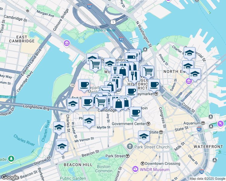 map of restaurants, bars, coffee shops, grocery stores, and more near 66 Staniford Street in Boston