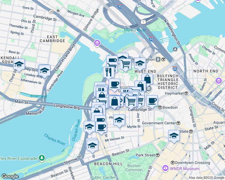 map of restaurants, bars, coffee shops, grocery stores, and more near 55 Fruit Street in Boston