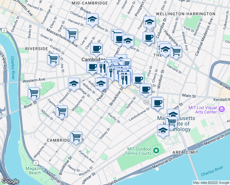 map of restaurants, bars, coffee shops, grocery stores, and more near 172 Franklin Street in Cambridge