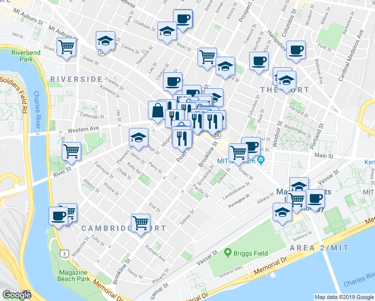map of restaurants, bars, coffee shops, grocery stores, and more near 71 Pearl Street in Cambridge