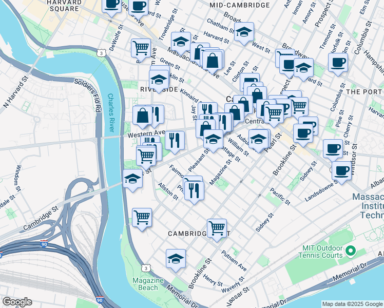 map of restaurants, bars, coffee shops, grocery stores, and more near 17 Laurel Street in Cambridge