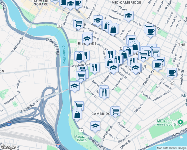 map of restaurants, bars, coffee shops, grocery stores, and more near 241 River Street in Cambridge