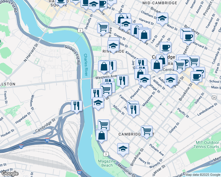 map of restaurants, bars, coffee shops, grocery stores, and more near 327 River Street in Cambridge