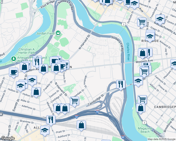 map of restaurants, bars, coffee shops, grocery stores, and more near 114 Western Avenue in Boston