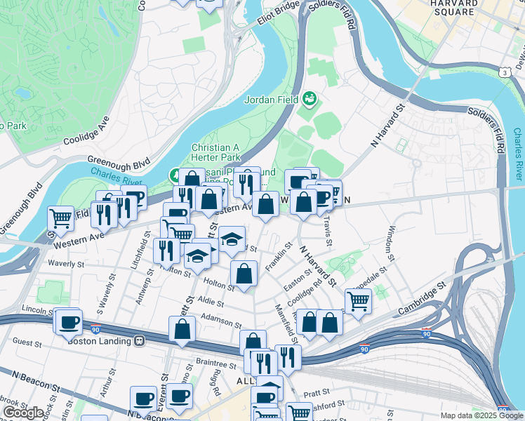 map of restaurants, bars, coffee shops, grocery stores, and more near 254R Western Avenue in Boston