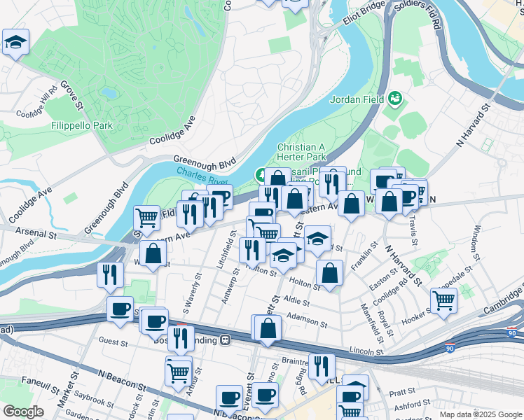 map of restaurants, bars, coffee shops, grocery stores, and more near 355 Western Avenue in Boston