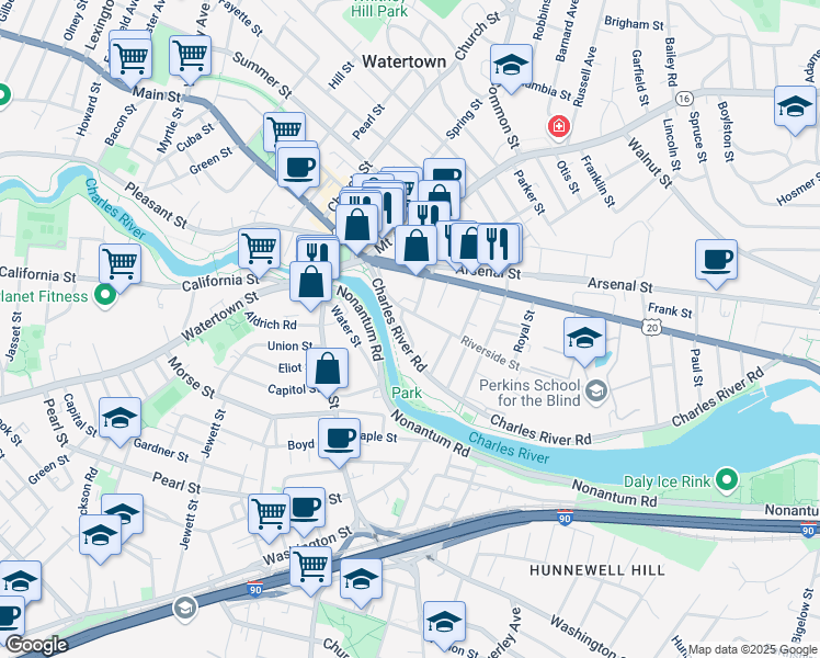 map of restaurants, bars, coffee shops, grocery stores, and more near 18 Wheeler Lane in Watertown