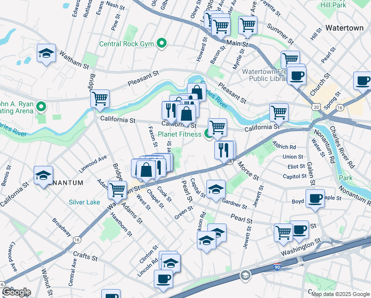 map of restaurants, bars, coffee shops, grocery stores, and more near 102 Los Angeles Street in Newton
