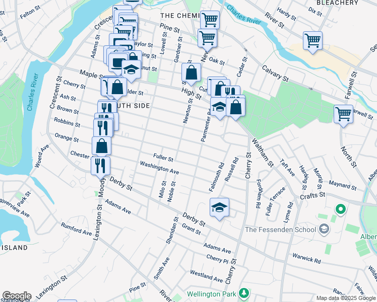 map of restaurants, bars, coffee shops, grocery stores, and more near 249 Robbins Street in Waltham