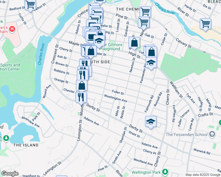 map of restaurants, bars, coffee shops, grocery stores, and more near 20 Fuller Street in Waltham