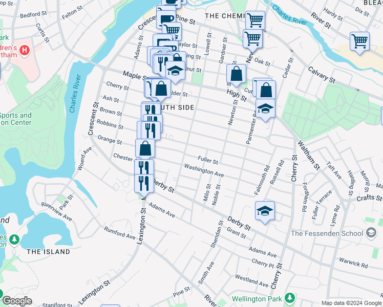 map of restaurants, bars, coffee shops, grocery stores, and more near 20 Fuller Street in Waltham